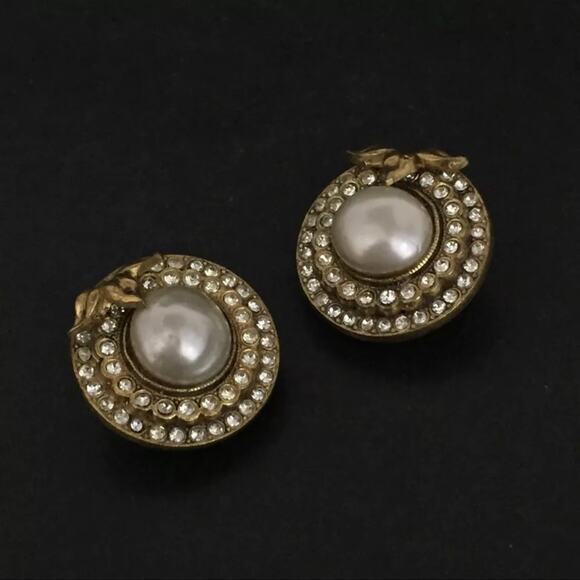 CHANEL Pearl Rhinestone Gold Tone Earrings - Picture 1 of 8